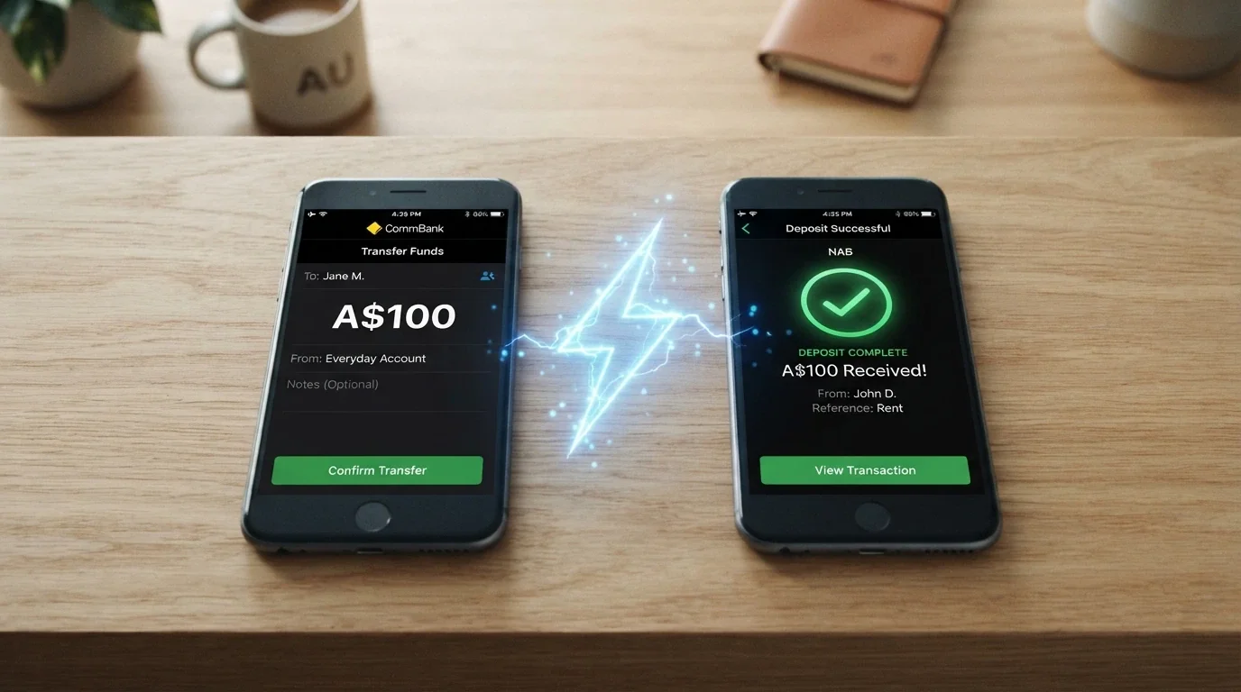 A split-screen showing a banking app with a PayID contact on the left and a casino deposit confirmation on the right, a lightning-bolt icon connecting the two