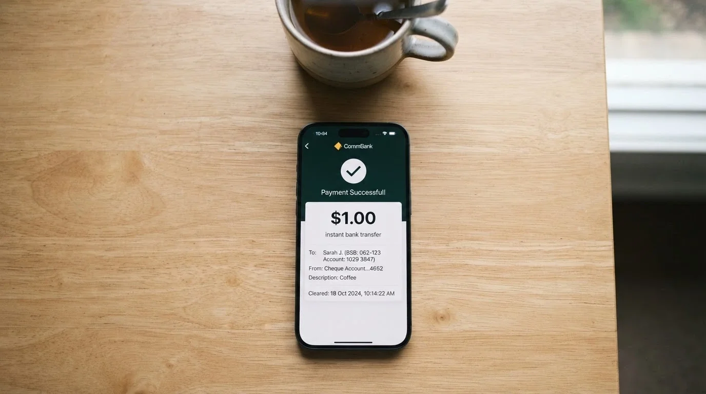 A mobile banking app screen showing a completed PayID payment of $1.00 to a casino account, with a timestamp showing the transfer cleared in under 30 seconds