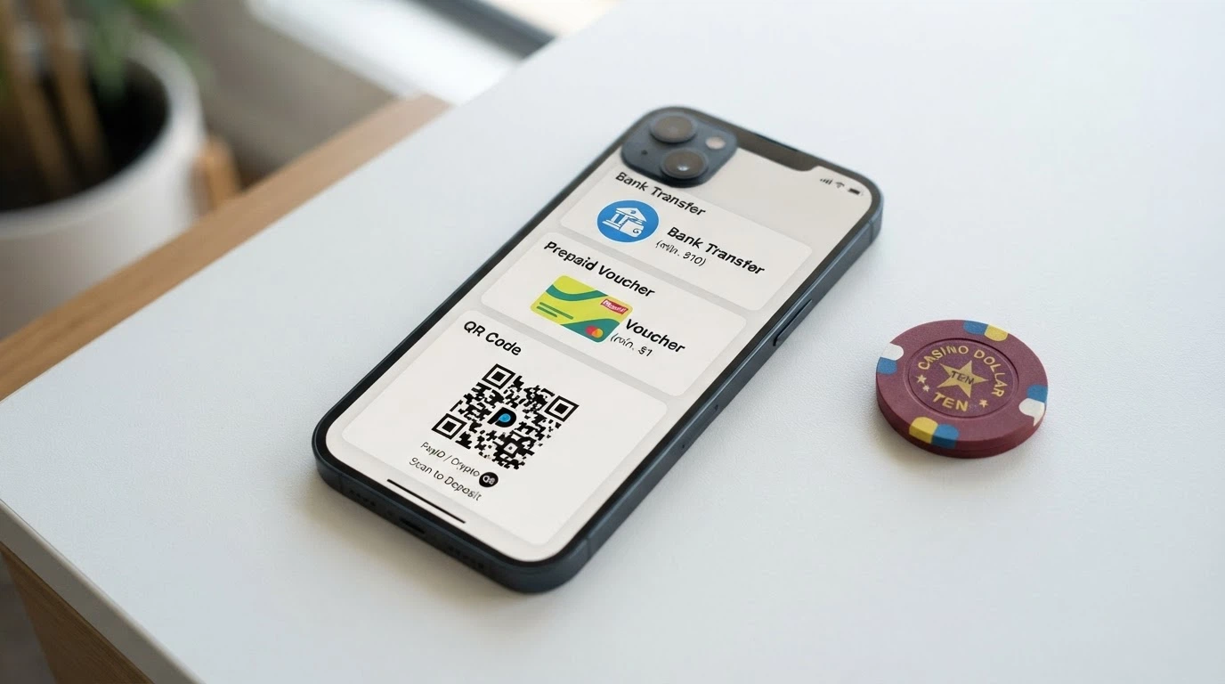Three payment-method icons — PayID, a Neosurf prepaid voucher and a crypto wallet QR code — arranged on a smartphone screen above an AU banknote