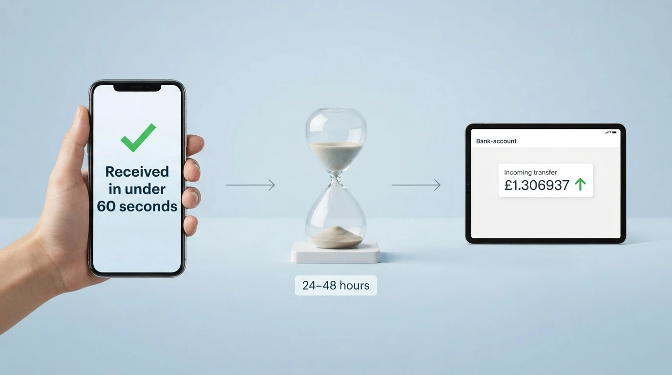 A simplified three-step diagram: a phone screen showing a PayID deposit confirmation (green tick, “Received in under 60 seconds”), an hourglass for KYC verification (“24–48 hours”), and a bank balance with an incoming transfer
