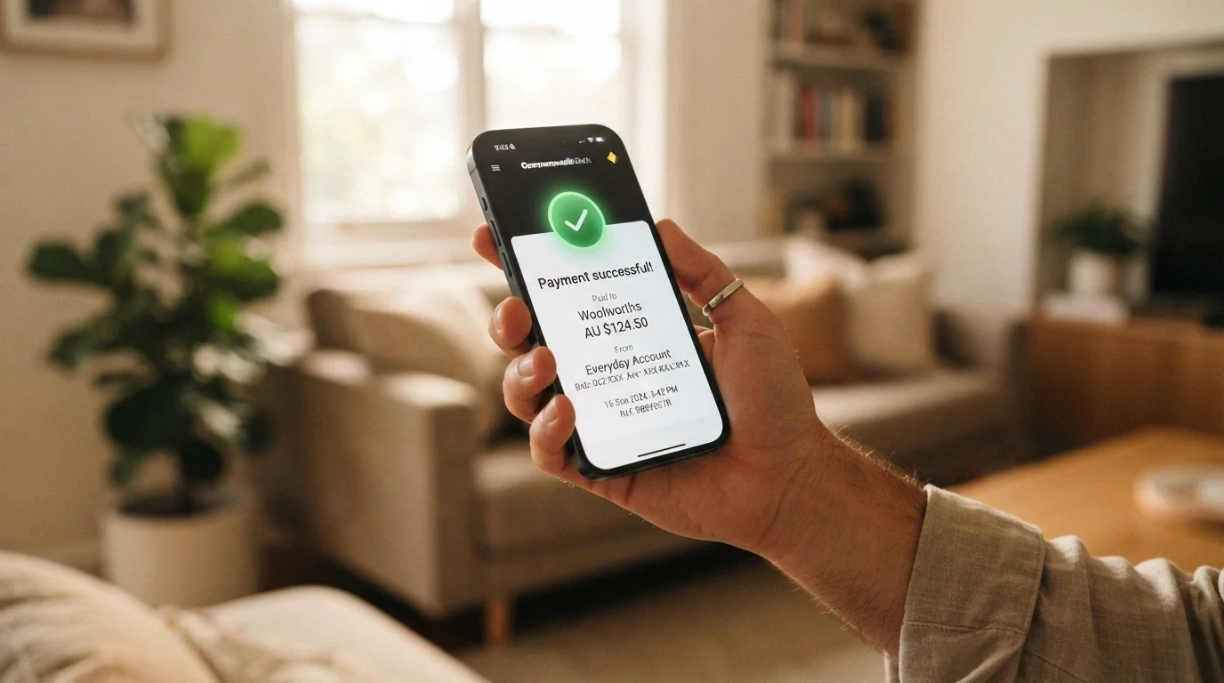A smartphone showing a banking app with a PayID transaction confirmation, Australian dollar amounts visible