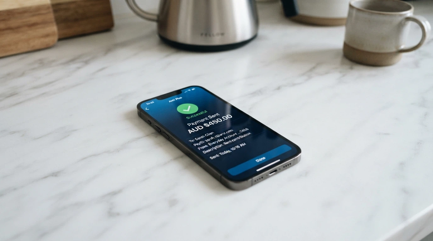 A banking app screen showing a PayID transaction with the amount and timestamp visible