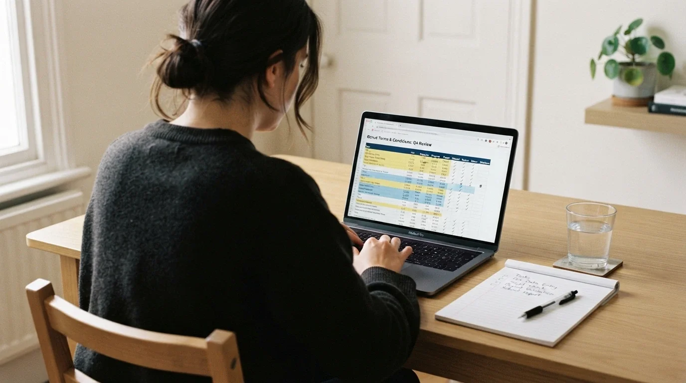 An Australian consumer sitting at a laptop with a notebook or checklist, the screen showing a casino bonus-terms page, conveying deliberate evaluation rather than impulsive play