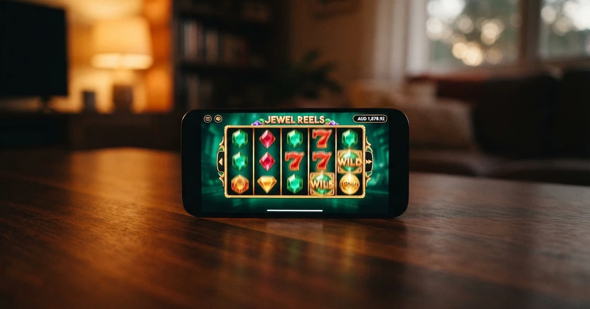 A smartphone screen showing an online pokies game interface with colourful reels and an Australian dollar balance display