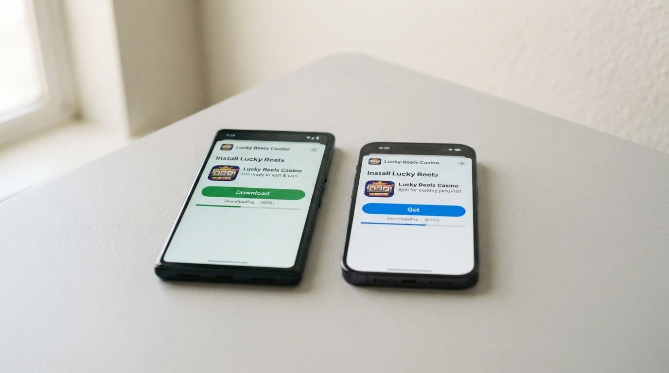An Android phone and an iPhone side by side, each showing a casino app download or install screen