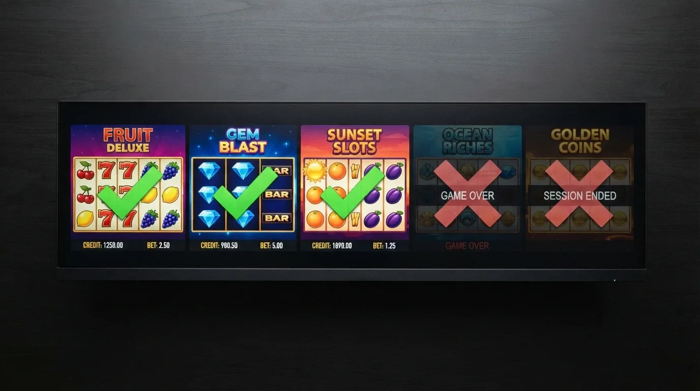 A row of online pokies with a green tick on some and a red cross on others, illustrating game restrictions
