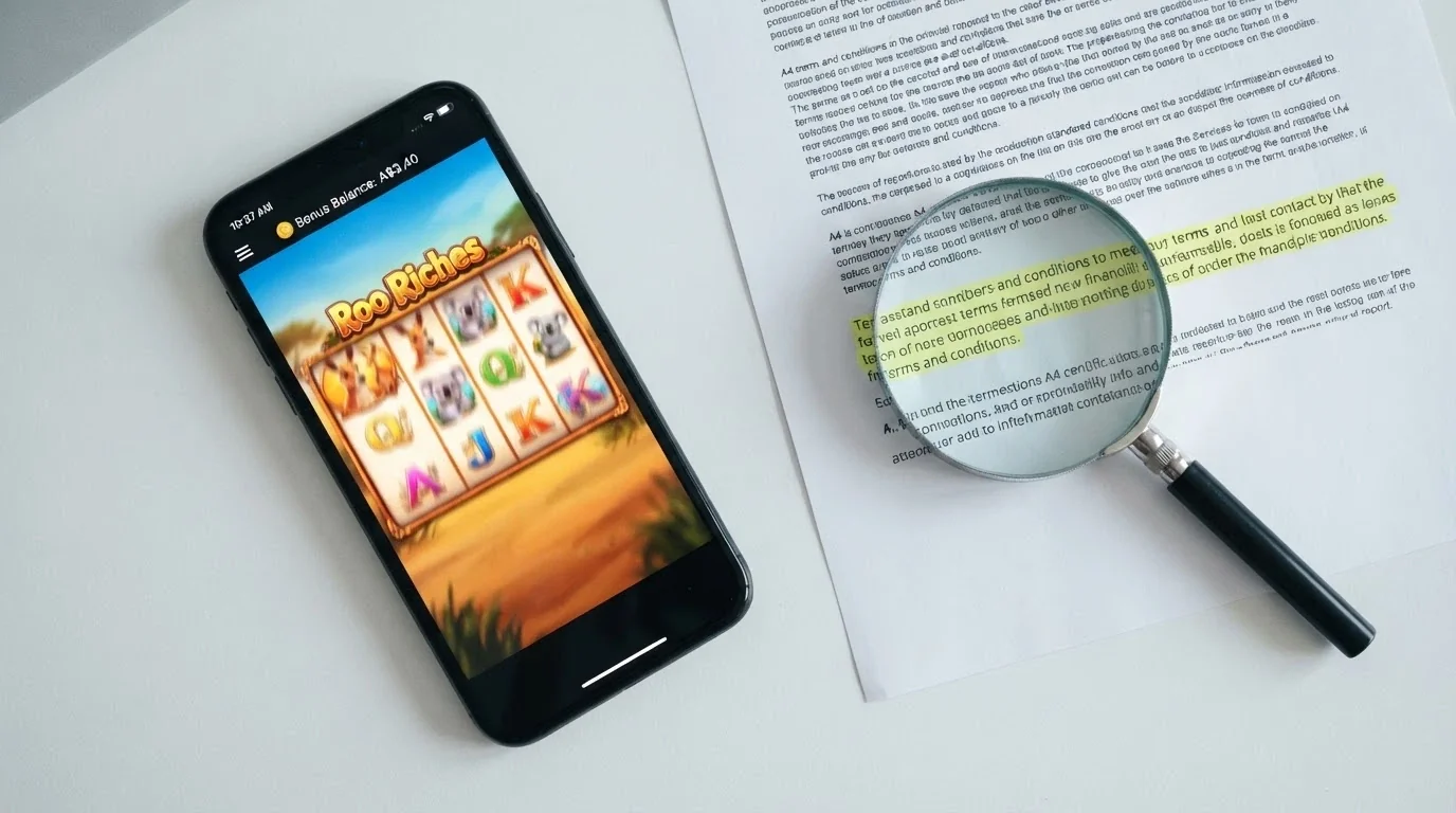 A close-up of a mobile phone screen showing a pokies game with a small “Bonus Balance: A$3.40” overlay, next to a printed terms-and-conditions sheet with a magnifying glass over the wagering clause