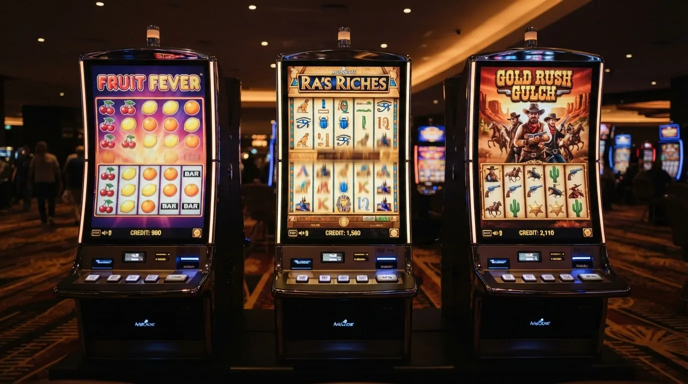A row of three online pokies reels with different themes visible