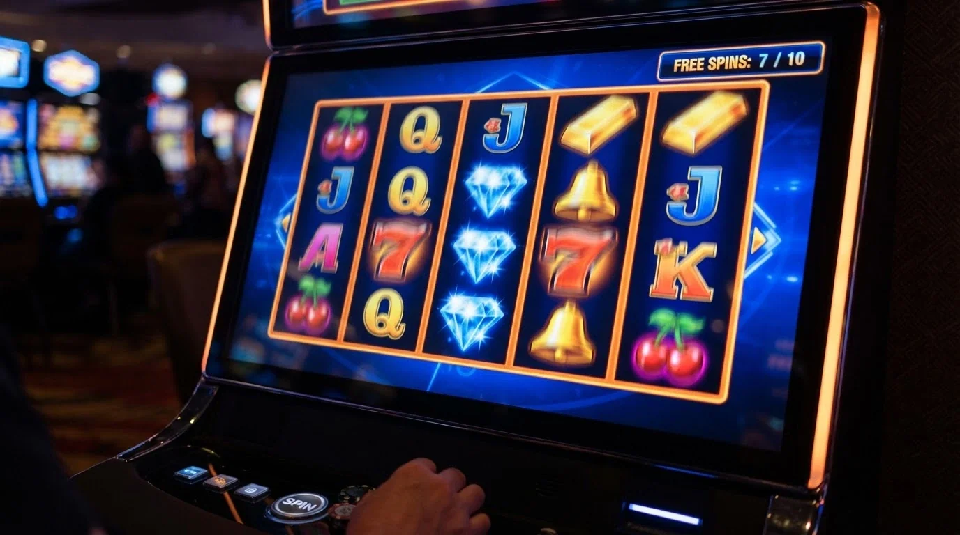 Colourful online pokies reels mid-spin with a free-spins counter visible on screen