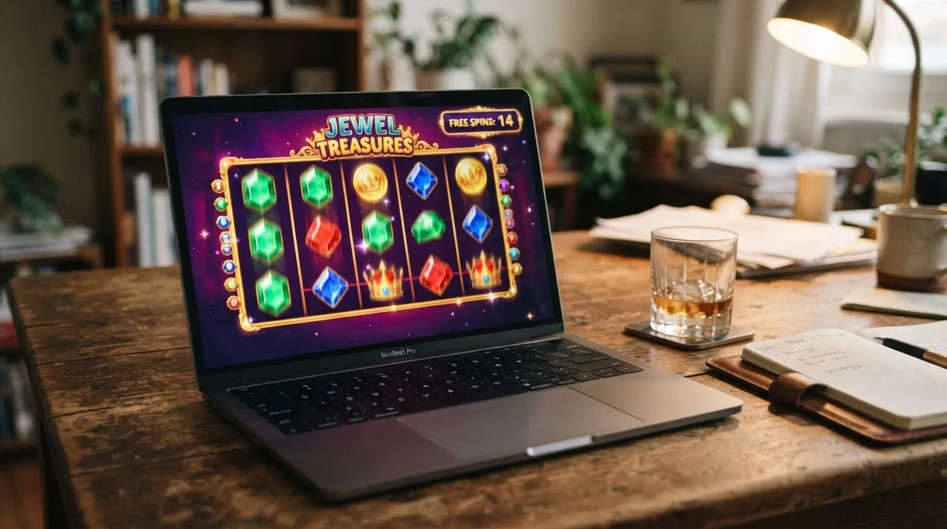 A colourful online pokie game with spinning reels and a free spins counter visible in the corner