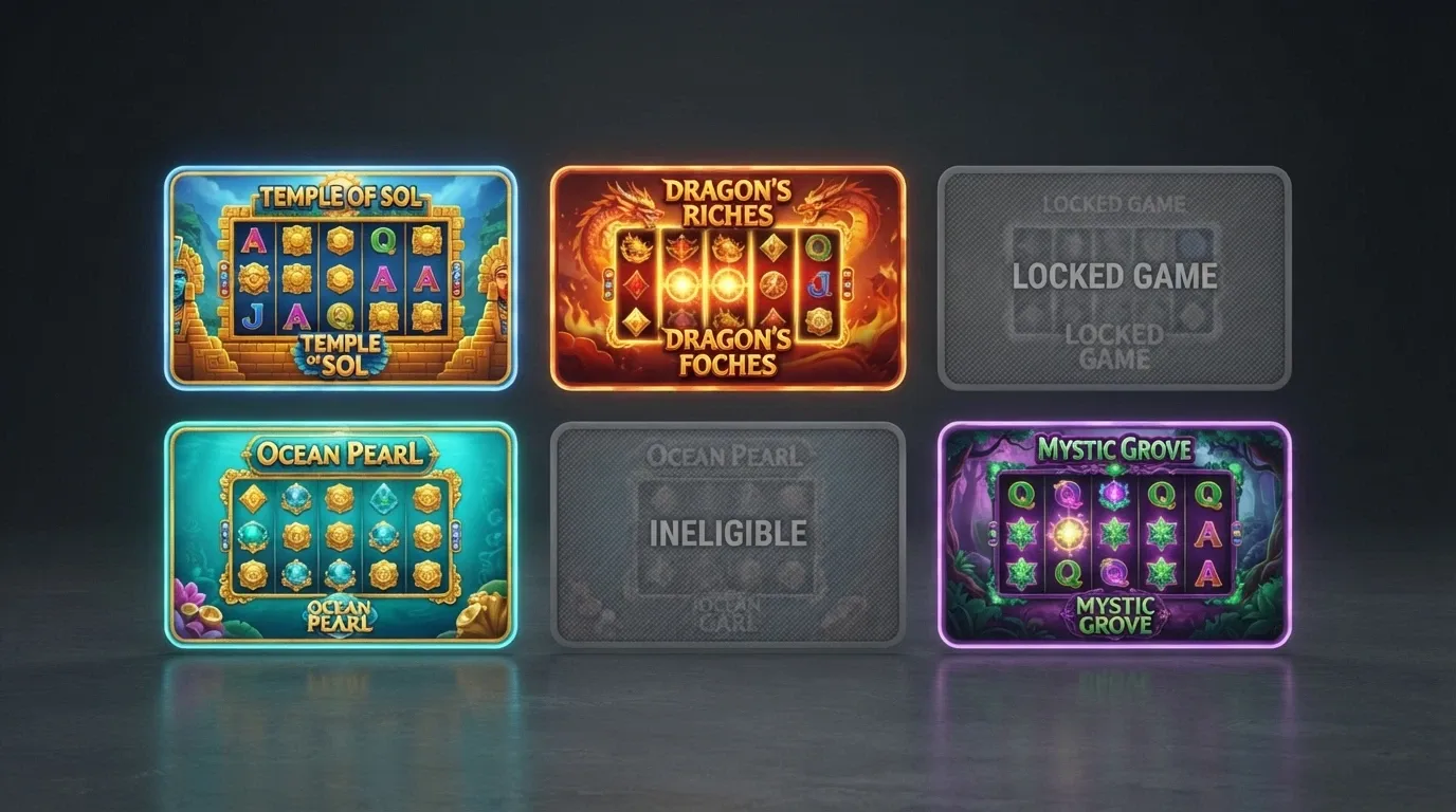 A grid of pokies title-card thumbnails with some greyed out and marked ineligible, illustrating game restrictions on free-spins play