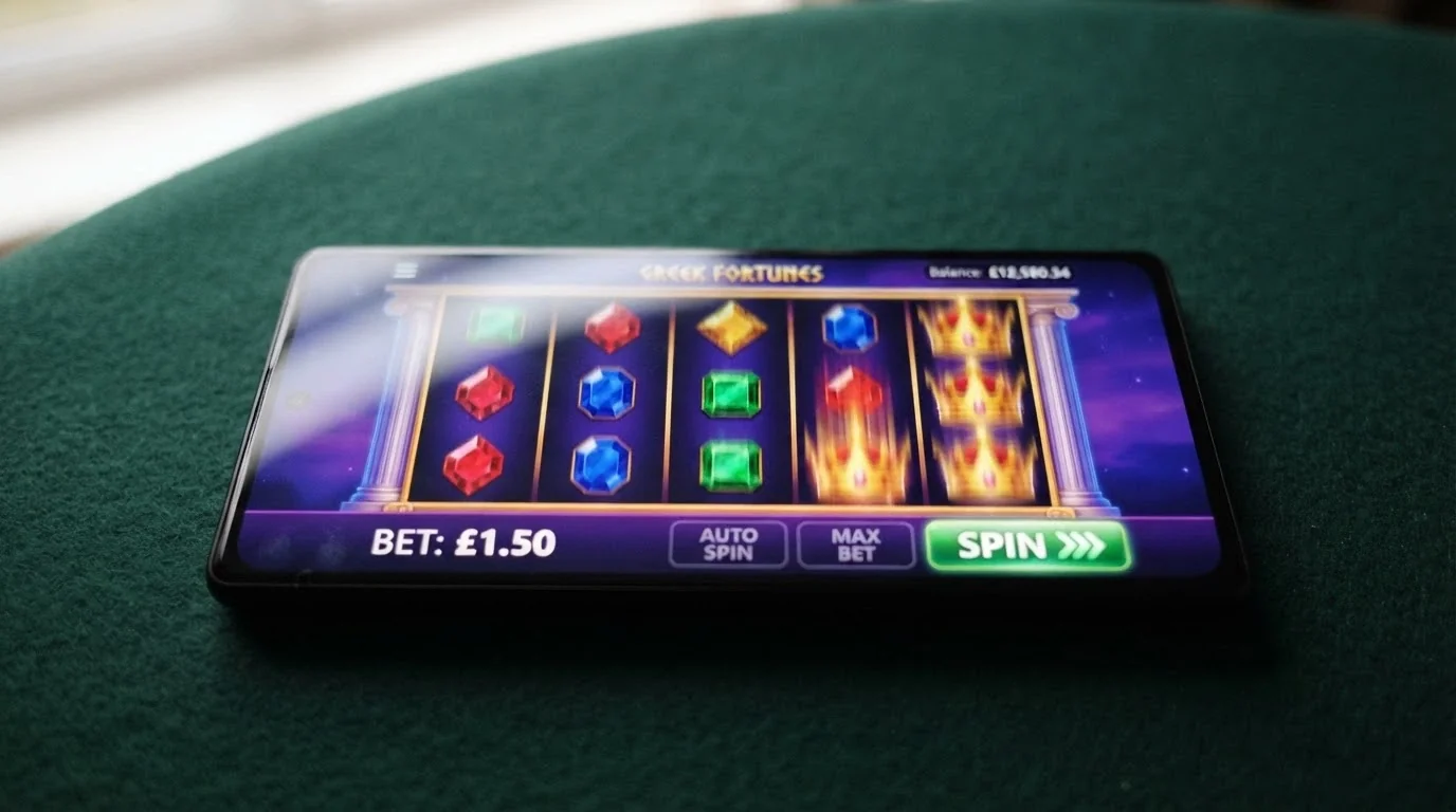 An iPhone in landscape orientation displaying a pokie game with reels spinning and the bet amount visible
