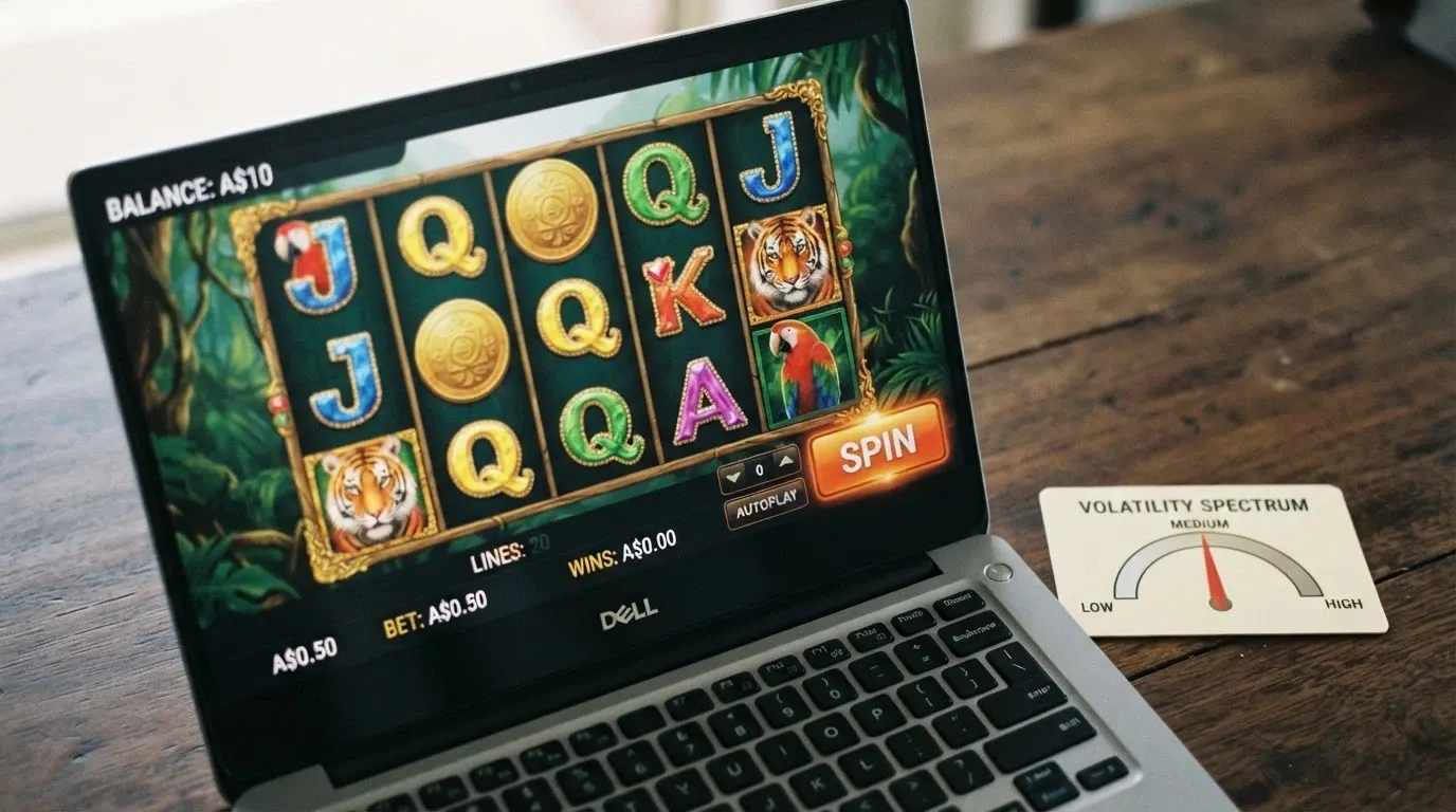 A laptop screen showing a pokie game grid with a small balance counter reading A$10 and a spin button, with a volatility gauge graphic to one side