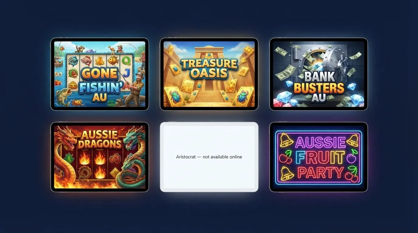 A collage of pokies title screens from different providers (BGaming, Pragmatic Play, RTG) arranged in a grid, with a blank space marked “Aristocrat — not available online” in the centre