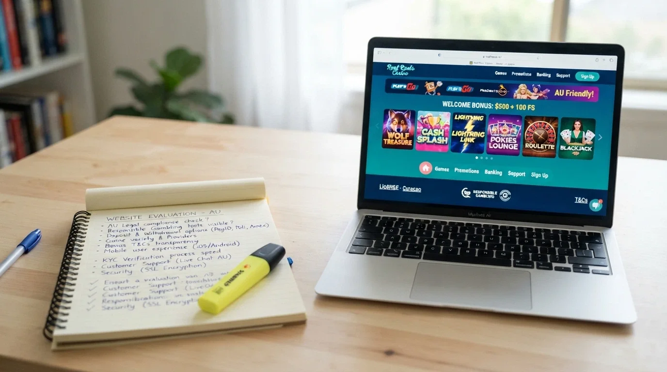 A notepad with evaluation criteria written in bullet points beside a laptop showing a casino site, with a highlighter on the desk