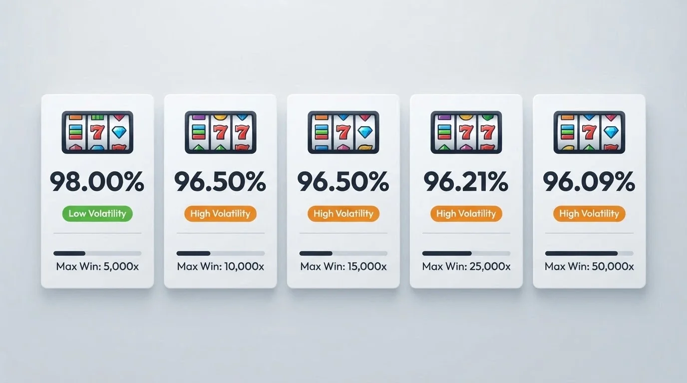 A grid of five slot-title cards with RTP percentages and volatility badges visible beneath each title