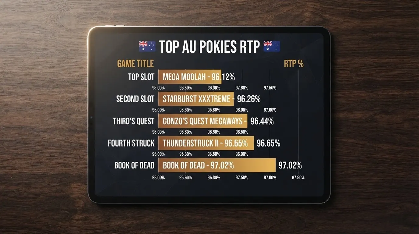 A grid of five pokies title screens — Mega Moolah, Immortal Romance, Thunderstruck II, 9 Masks of Fire and Avalon — with their RTP percentages overlaid