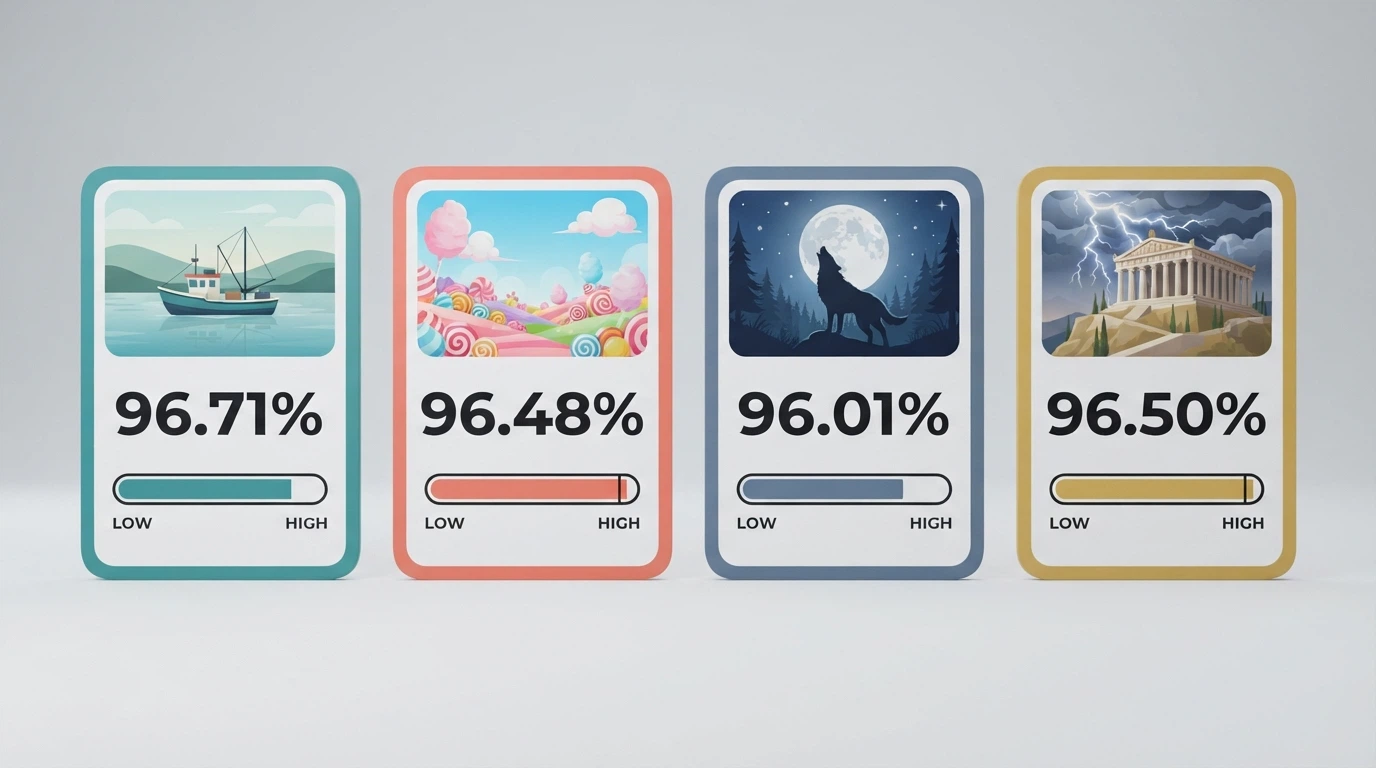 Four pokie title cards arranged side by side — Big Bass Bonanza, Sweet Bonanza, Wolf Gold, Gates of Olympus — each showing its RTP percentage and a volatility gauge