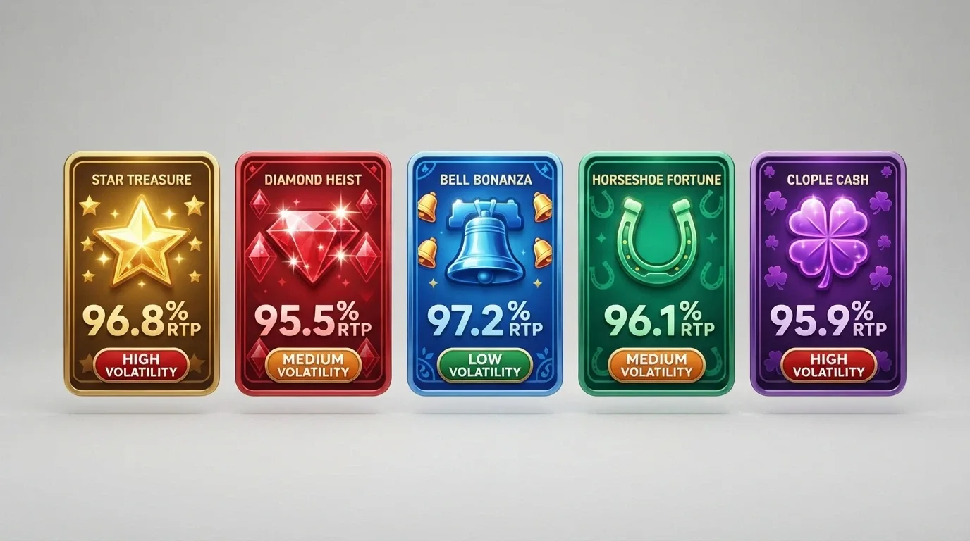 A grid of five pokies title cards with their RTP percentages and volatility labels displayed beneath each one