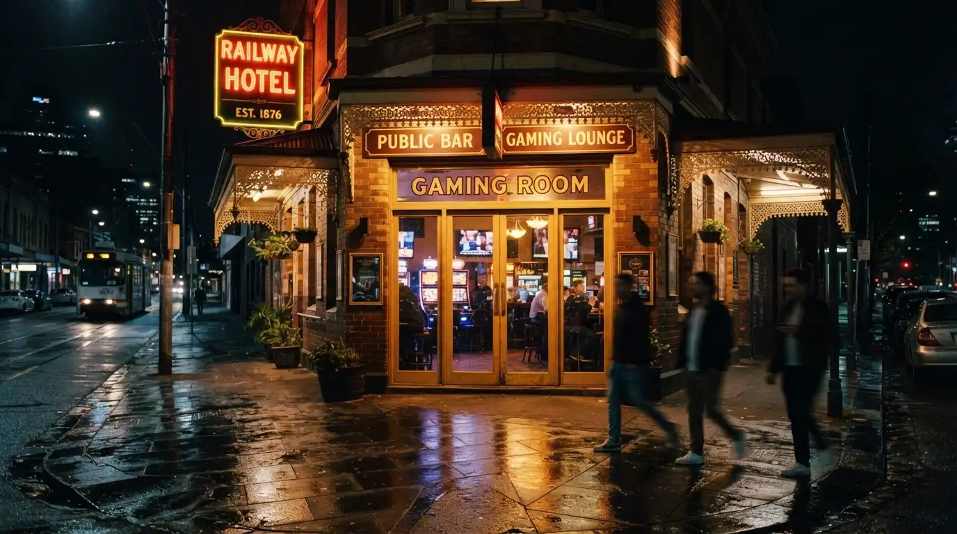 A Melbourne pub façade lit up at night with its gaming-room entrance visible from the street