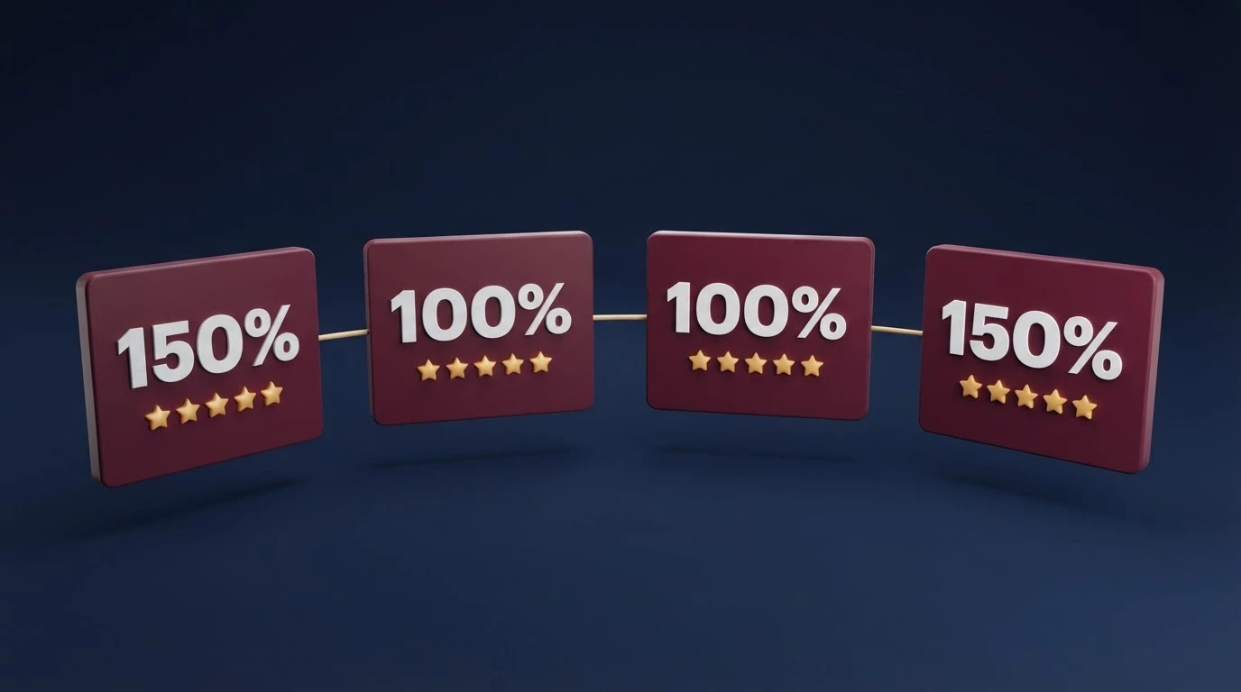 A welcome-offer graphic showing match-percentage badges and free-spin icons arranged across four deposit tiers