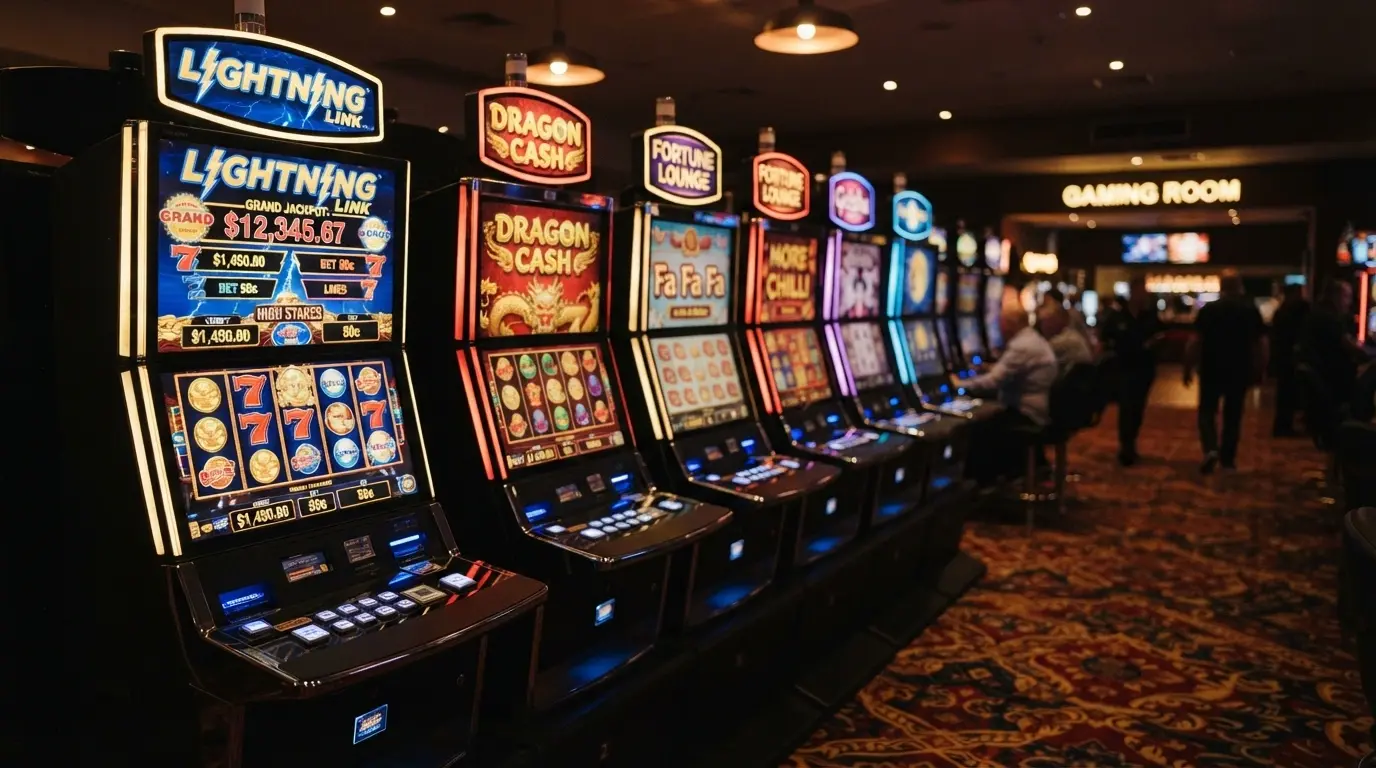 A row of six Aristocrat pokie machine cabinets in a licensed Australian venue, each screen lit with a different game title