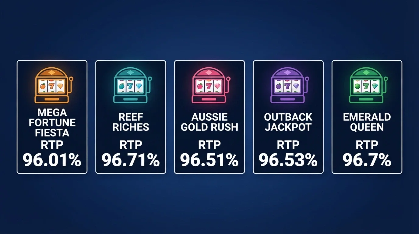 A grid of five popular online pokies title cards — Big Bass Bonanza, Sweet Bonanza, Gates of Olympus, Wolf Gold and Book of Dead — each showing its RTP percentage beneath the title