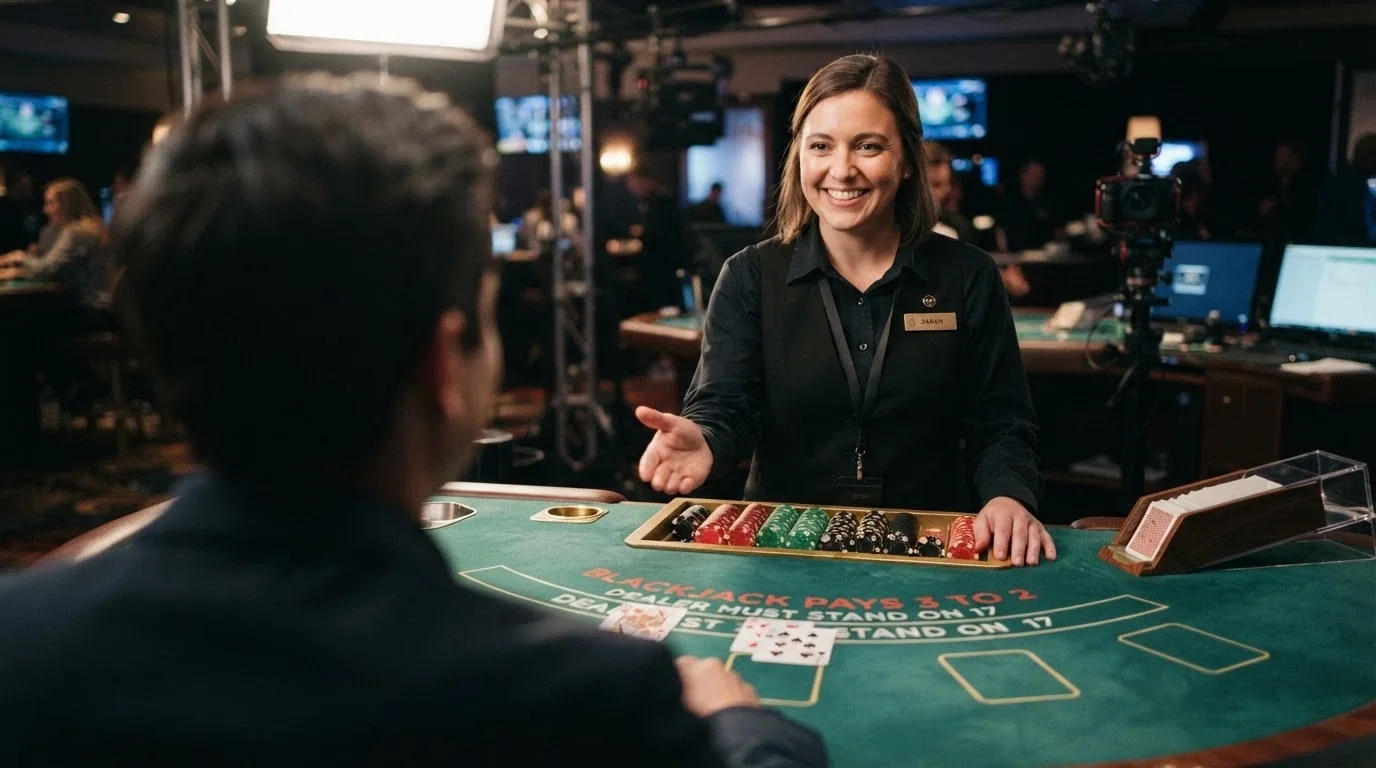 A live dealer smiling and gesturing toward the camera from behind a blackjack table, with the studio lighting and camera rig visible in soft background blur