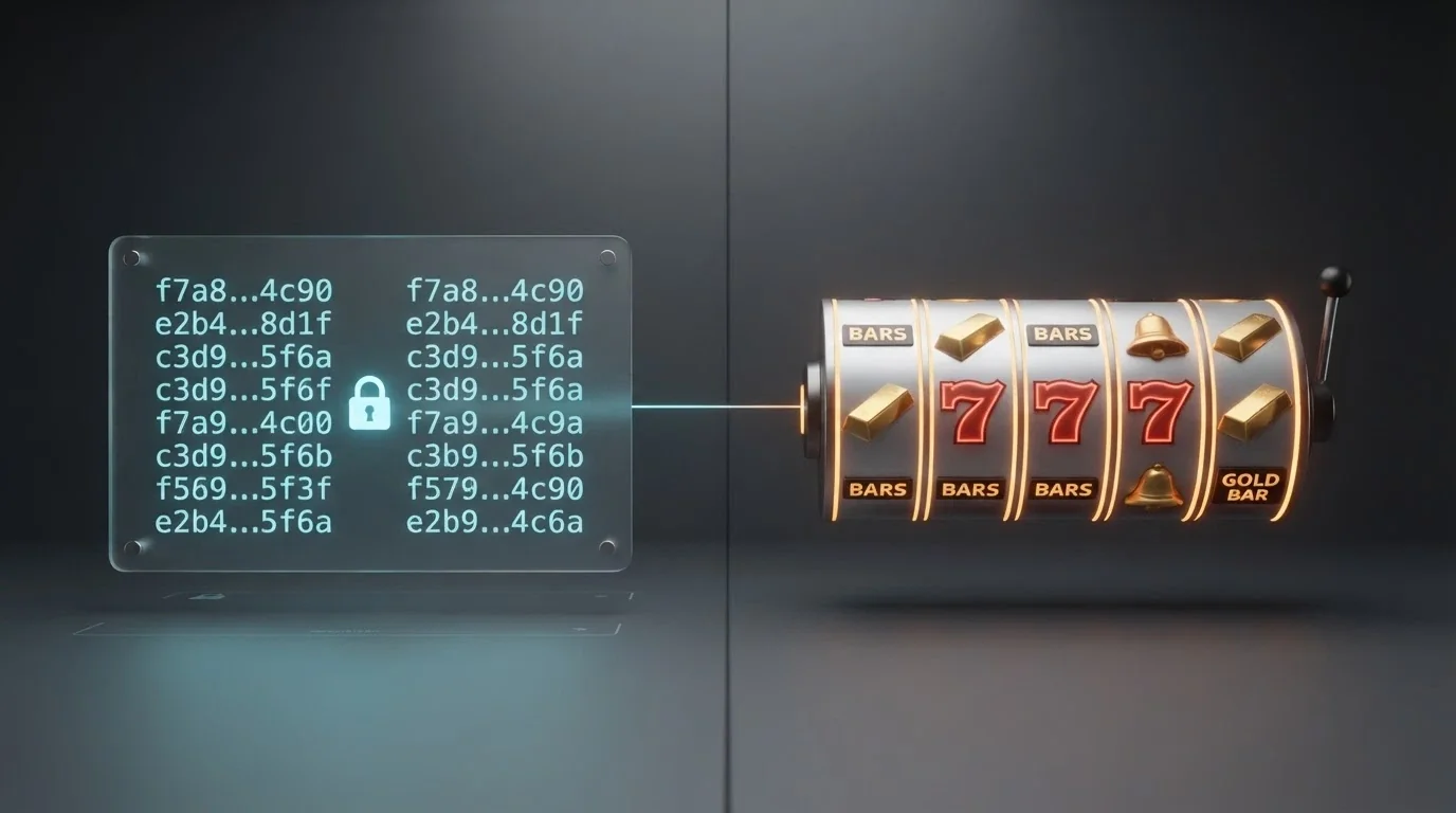 A split-screen showing cryptographic hash output on one side and pokies reels landing on a win on the other