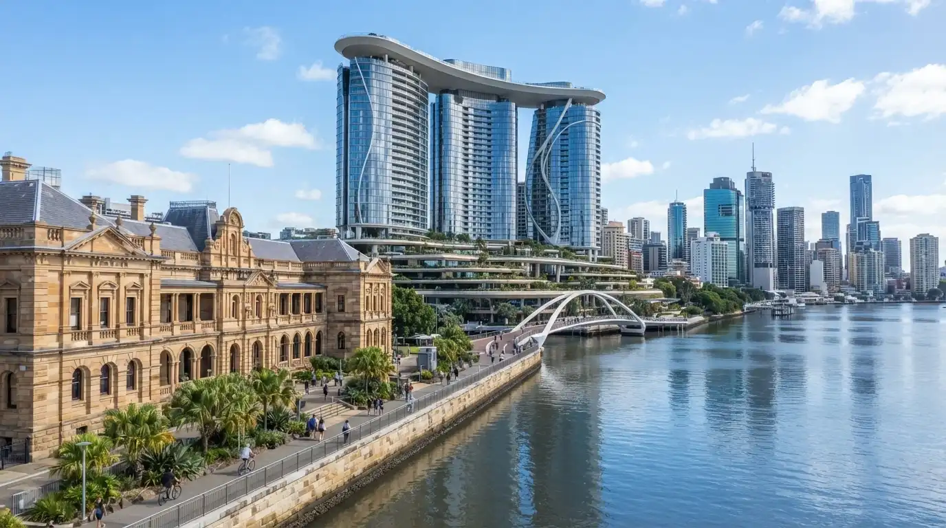 The Queen's Wharf Brisbane precinct exterior showing the integrated resort towers, heritage buildings and riverside boardwalk in daytime