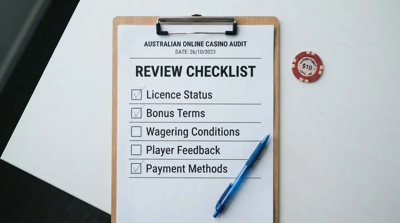 A checklist of evaluation criteria including licence verification, bonus terms, wagering requirements and player feedback