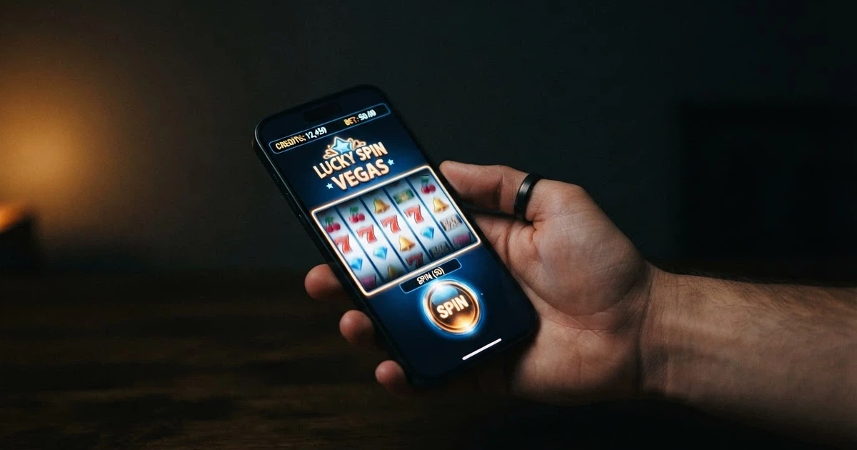 An Android phone held in one hand with a colourful pokies game screen visible, reels spinning, set against a dark background
