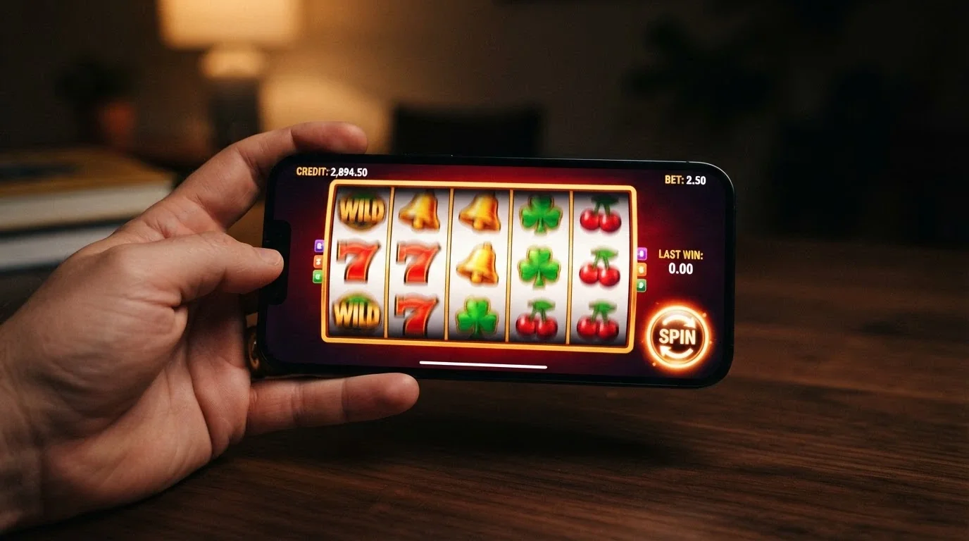 A close-up of an Android phone running a pokies game in landscape mode, with the spin button and credit balance visible