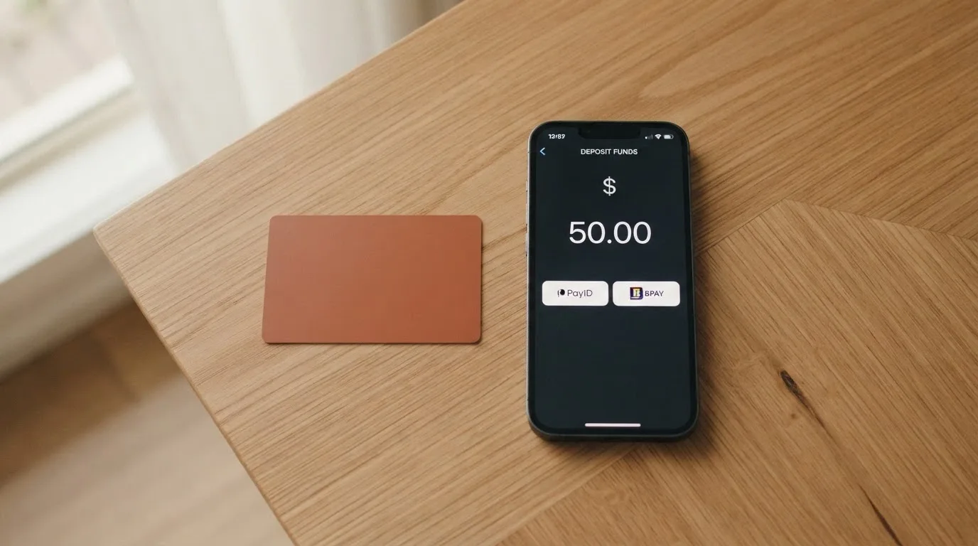 An Australian debit card beside a smartphone showing a deposit screen with PayID and BPAY options
