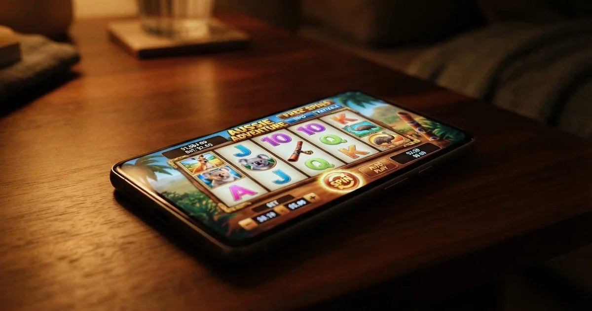 A smartphone screen displaying a colourful pokie game interface with spin button, credit balance and bet controls visible