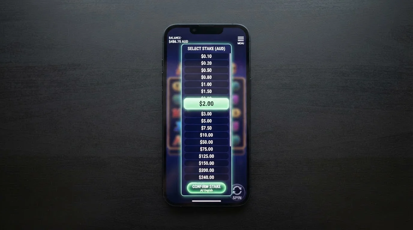 A close-up of the bet-selector panel on a 7-reel grid slot, showing the stake range from minimum to maximum