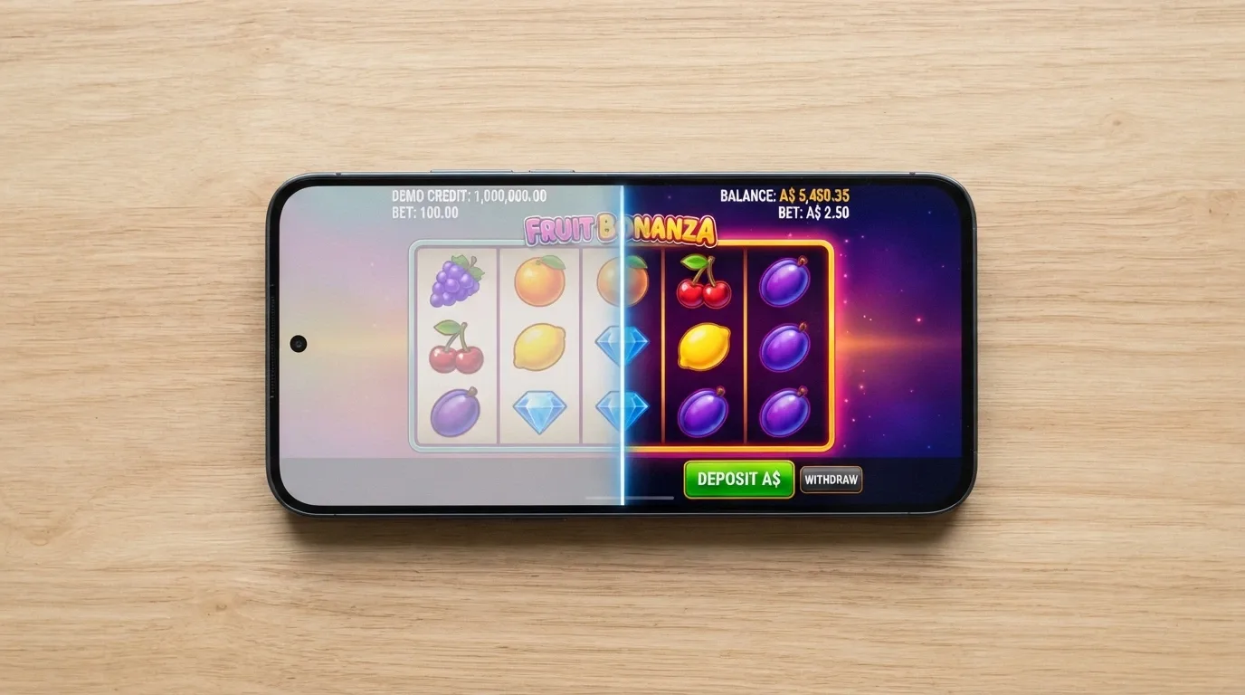 A split-screen mobile view: one side showing a demo-mode pokie with play-money balance, the other showing the same game with an AUD real-money balance and a deposit button