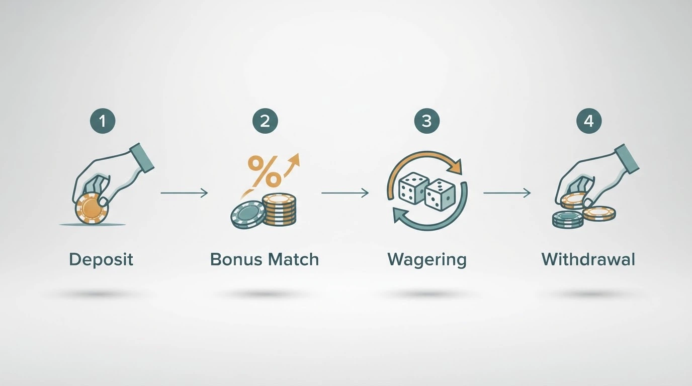 A four-step diagram showing deposit, bonus match, wagering clearance and withdrawal stages of a reload bonus