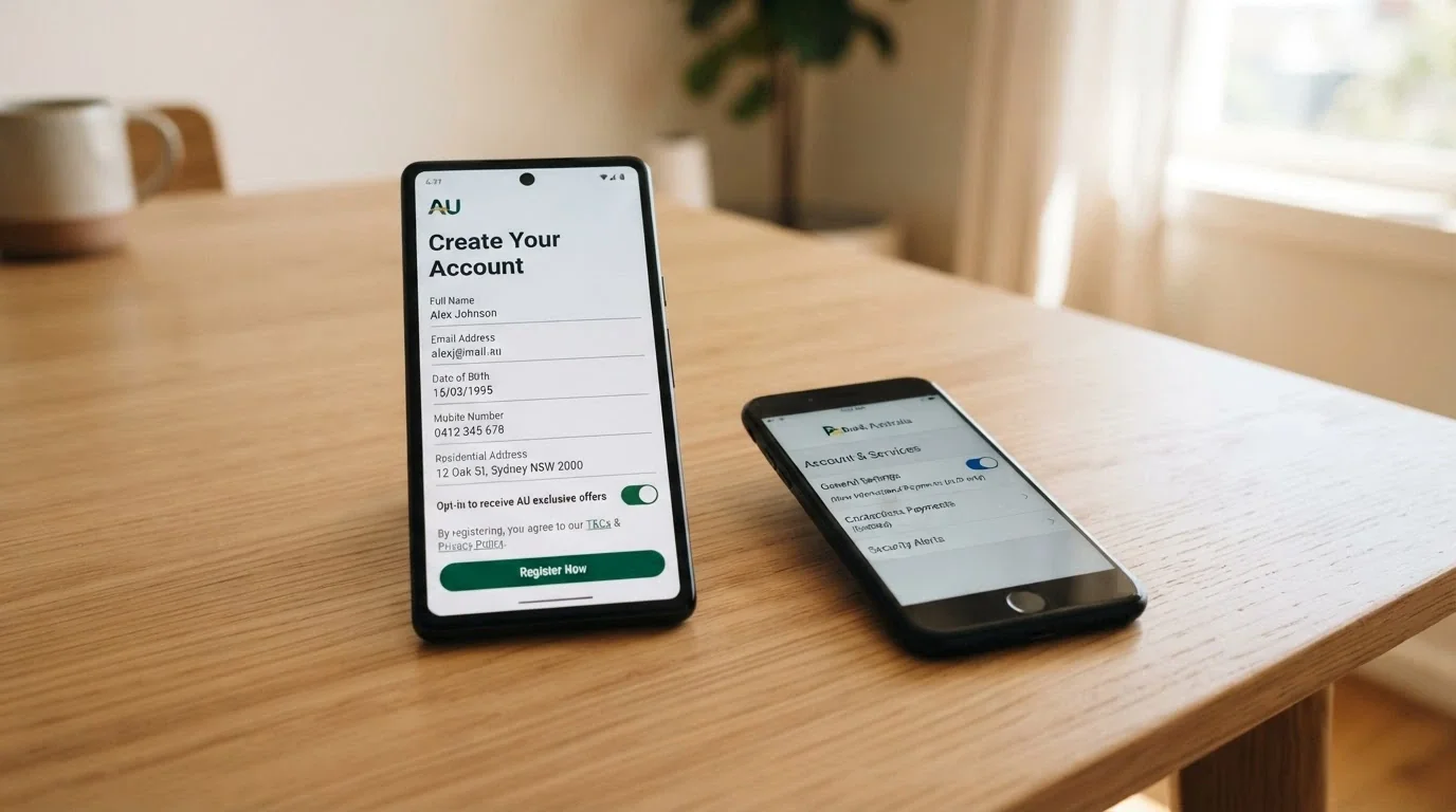 A smartphone screen displaying the BetStop registration page and the Gambling Helpline number 1800 858 858, with a bank app showing a gambling-block toggle switched on