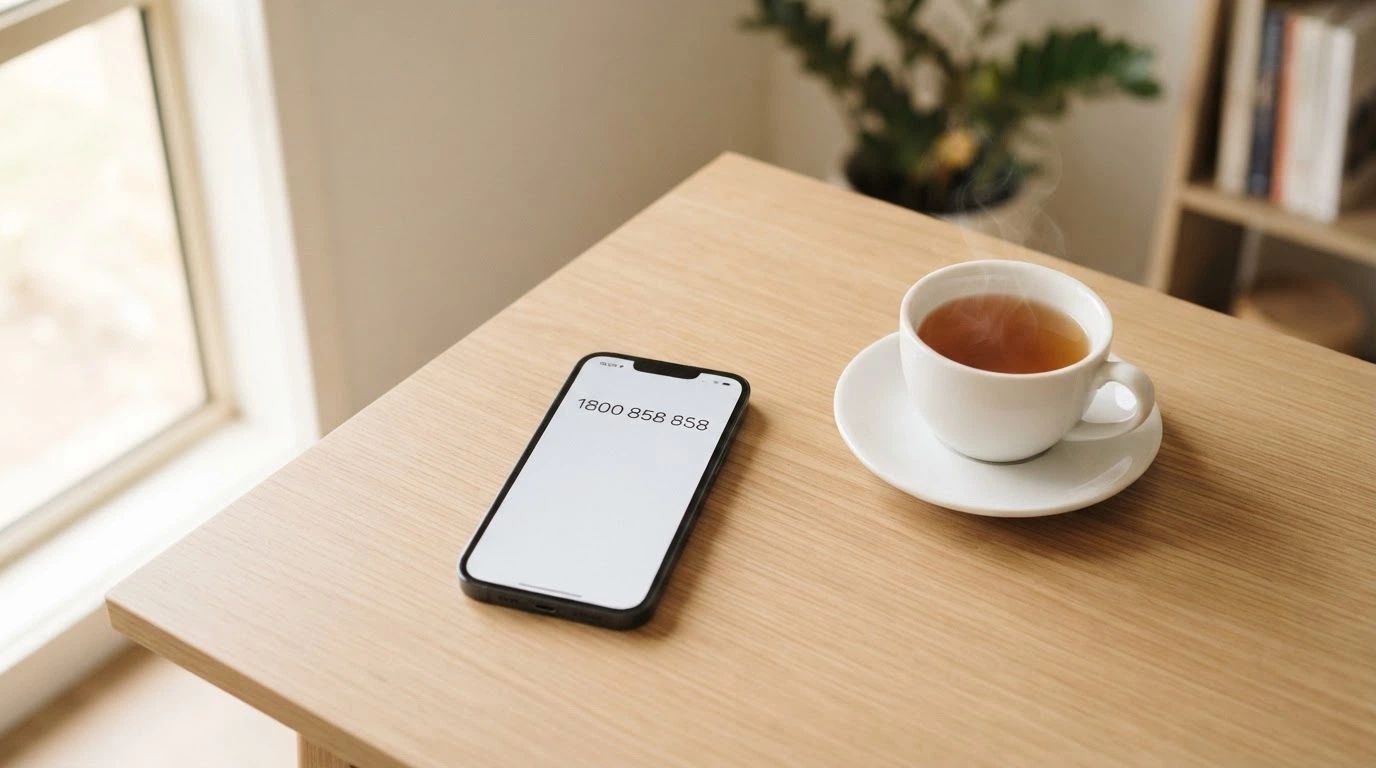 A calm composition of a phone showing the number 1800 858 858 on screen, placed beside a cup of tea on a quiet desk, with soft natural light.