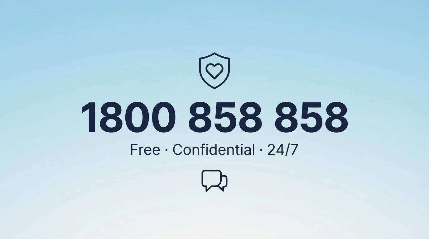 A clean text-forward graphic showing the National Gambling Helpline number 1800 858 858, the BetStop logo and the Gambling Help Online URL, against a calm blue background