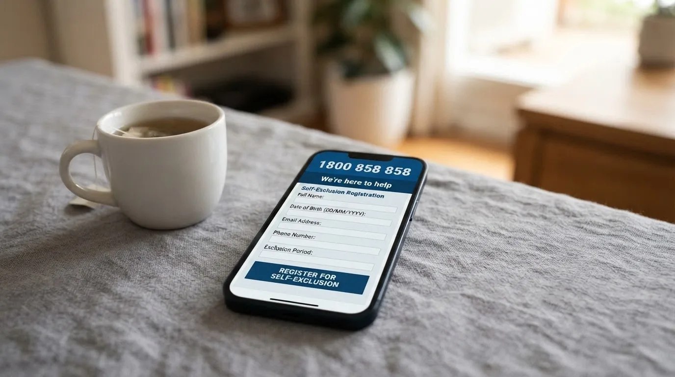 A phone screen showing the number 1800 858 858 beside the Gambling Help Online logo and a self-exclusion registration form