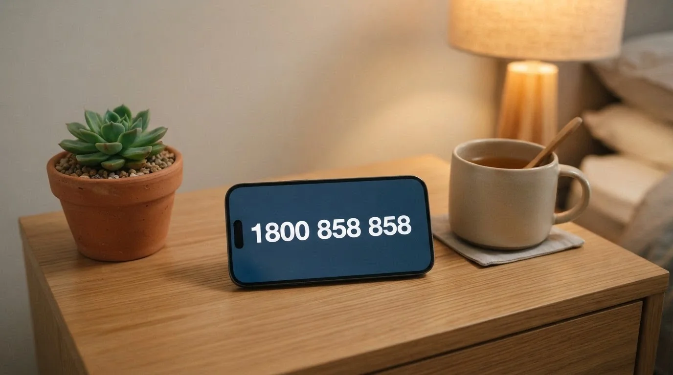 A phone screen showing 1800 858 858 with the Gambling Help Online logo, in calm Australian tones