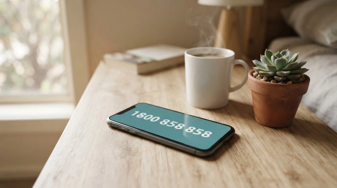 A phone displaying 1800 858 858 on screen resting on a desk beside a cup of tea, with soft natural light