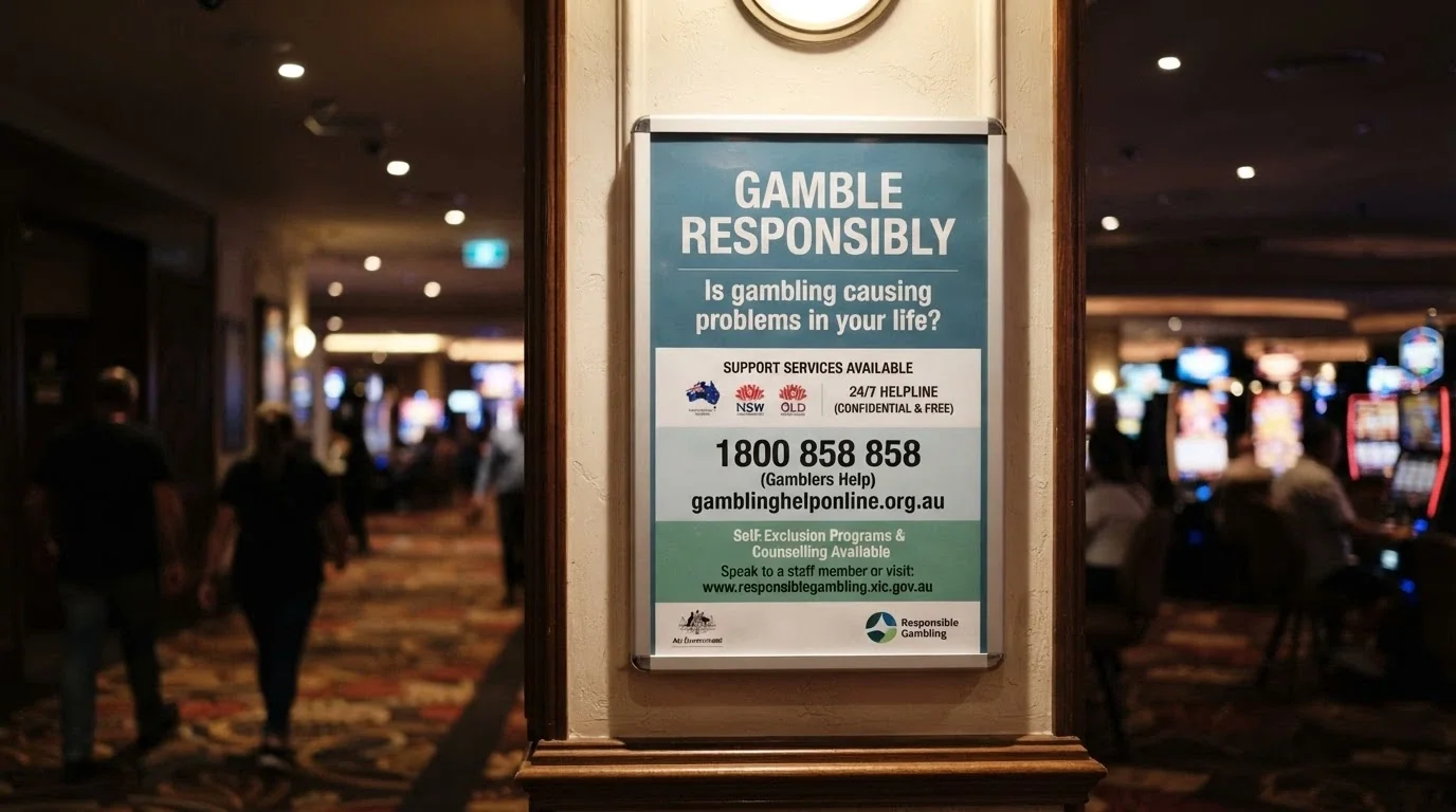 A responsible gambling information display inside the venue, with the Gambling Help Online and National Gambling Helpline contact details visible