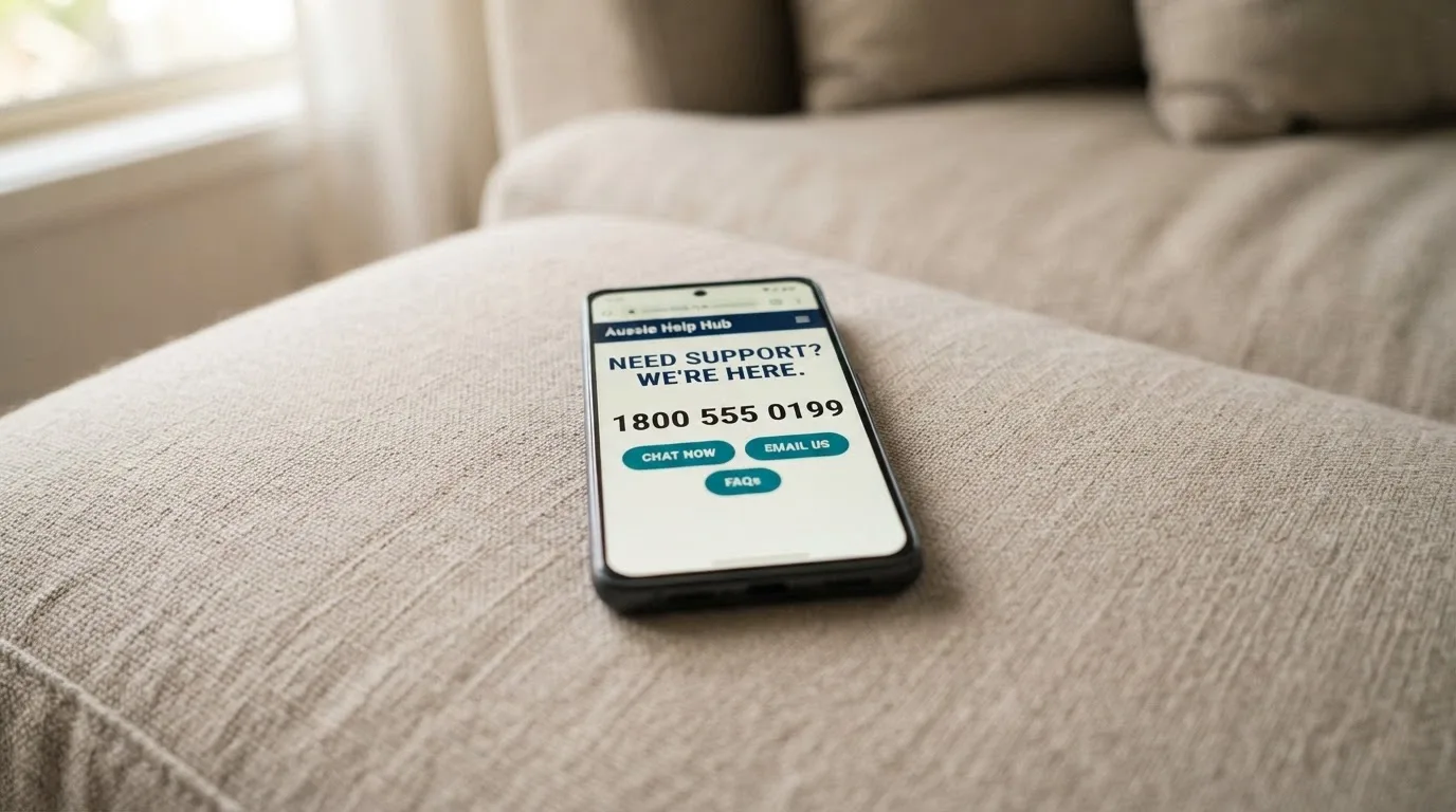 An iPhone displaying the Gambling Help Online homepage or the 1800 858 858 helpline number prominently