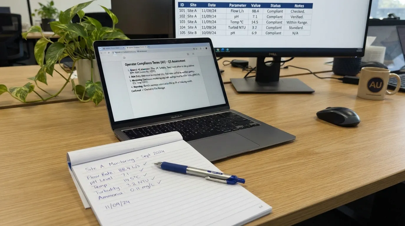 A desk setup with a notepad, a screen showing an operator terms page, and the ACMA website open on a second screen