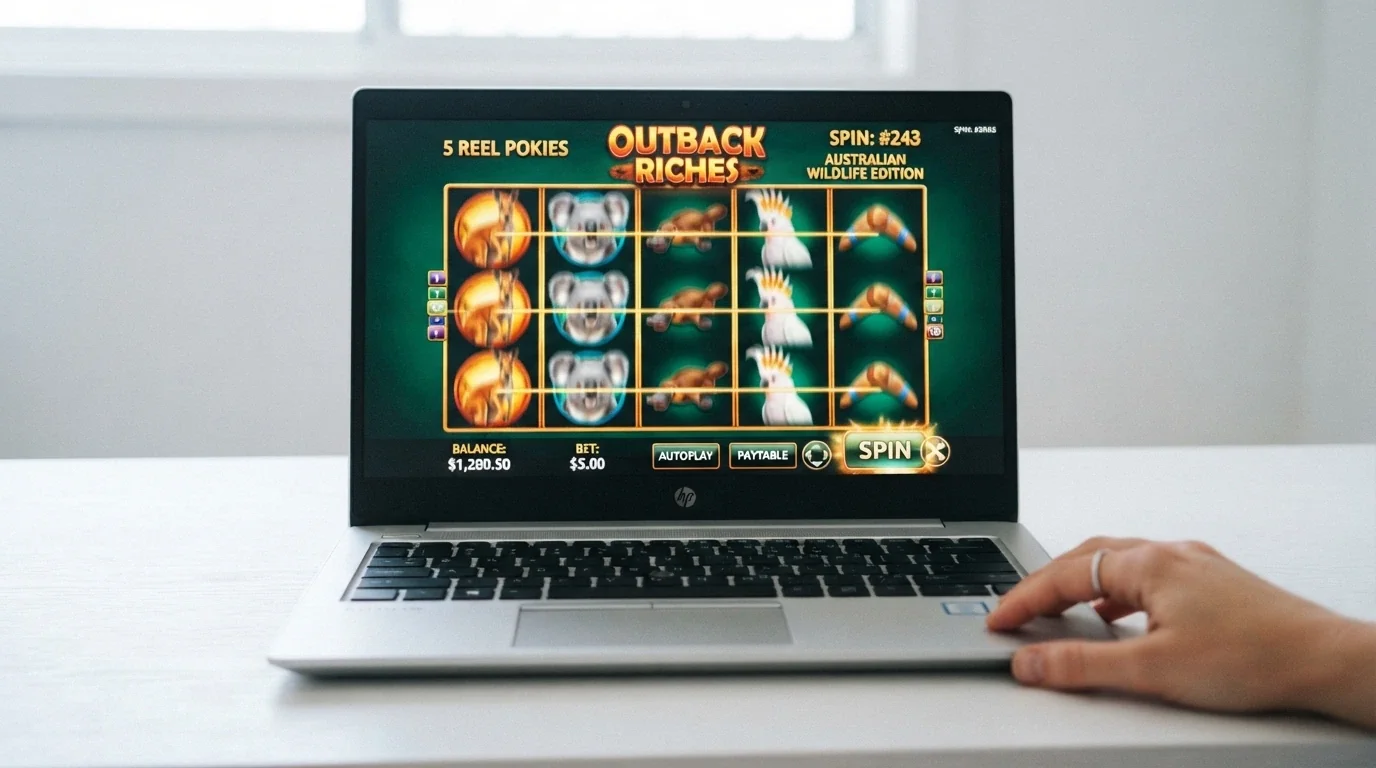A brightly lit five-reel online pokies screen with Australian wildlife symbols — kangaroos and koalas on the reels — mid-spin with the paylines lit