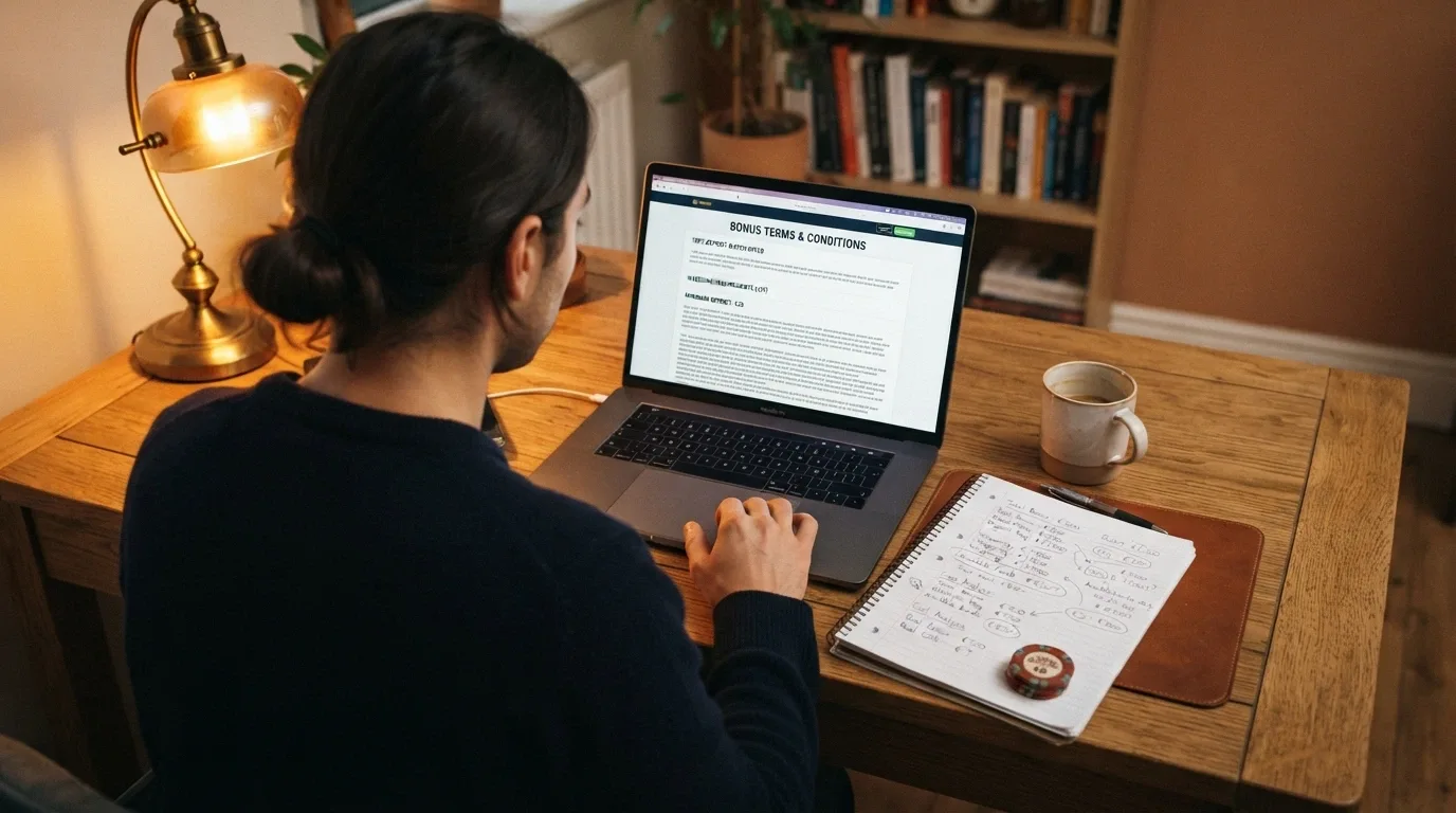 An Australian player reviewing bonus terms on a laptop with a notepad of calculations beside them