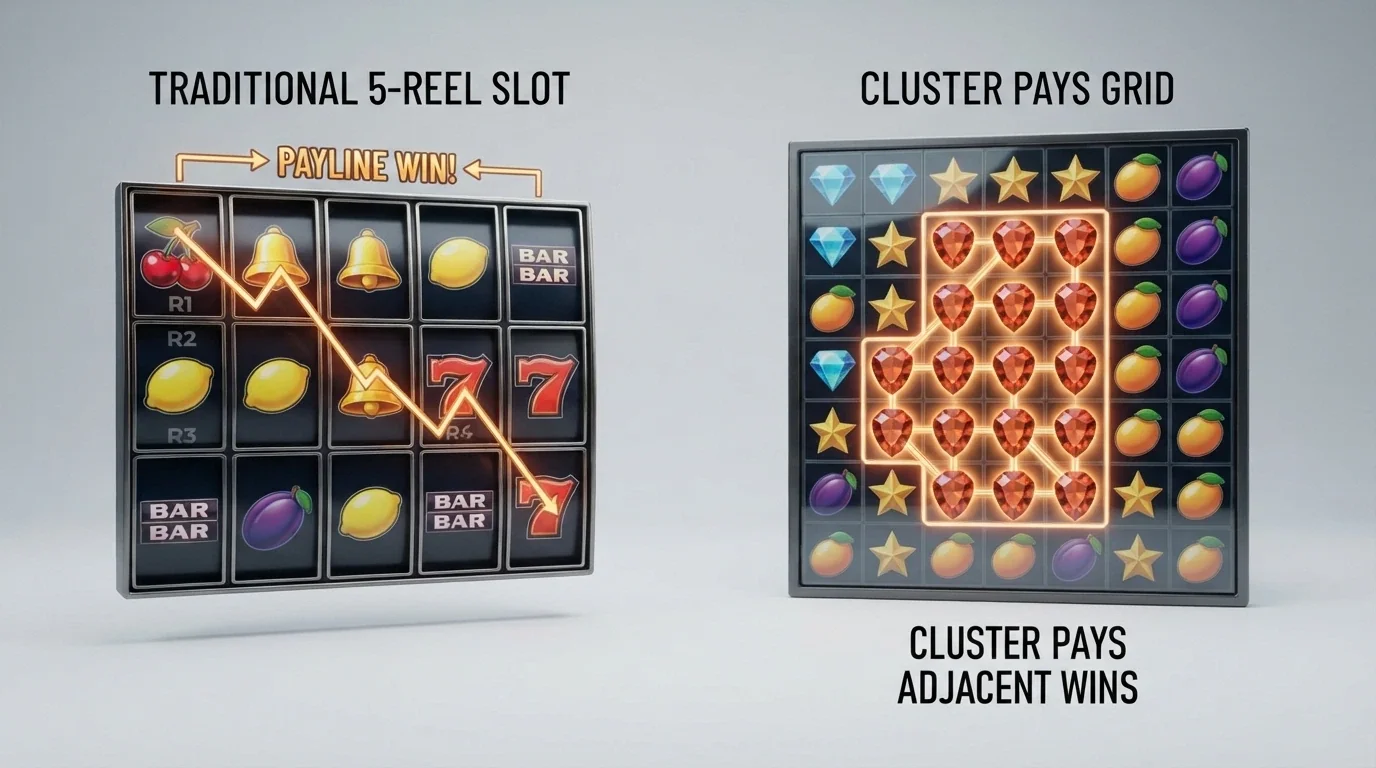 A diagram comparing a traditional 5-reel payline strip against a 7×7 cluster-pays grid, with symbols touching to form a win cluster highlighted
